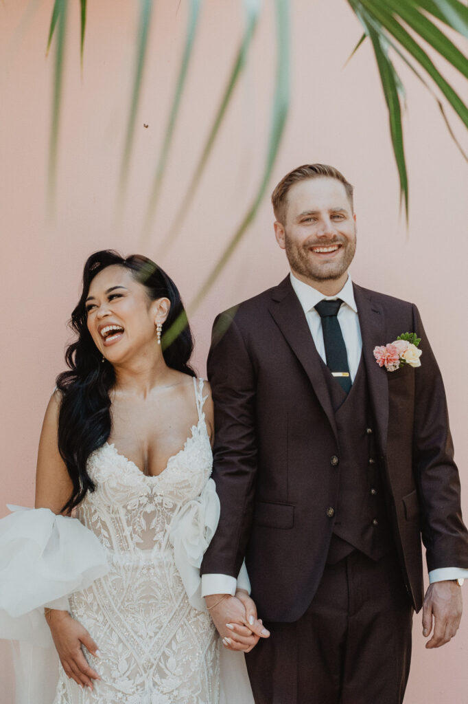 Bride and groom laughing together at Villa Valentin, Sayulita wedding, documentary photography