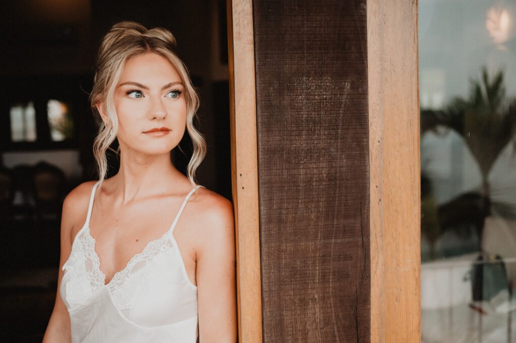 Bride getting ready at Casa Cosmos Puerto Vallarta, soft natural light, documentary wedding photography