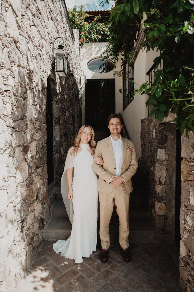 Bride and groom portraits in a stone alleyway during San Miguel de Allende wedding ceremony
