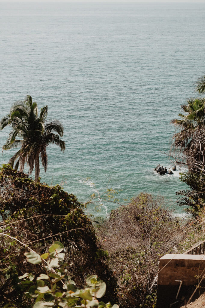Coastal cliffside view with palm trees overlooking turquoise ocean in San Pancho, Mexico elopement