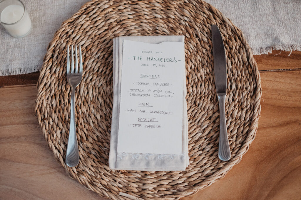 Handwritten dinner menu for The Hanselers elopement at Rosa Morada, San Pancho, Mexico