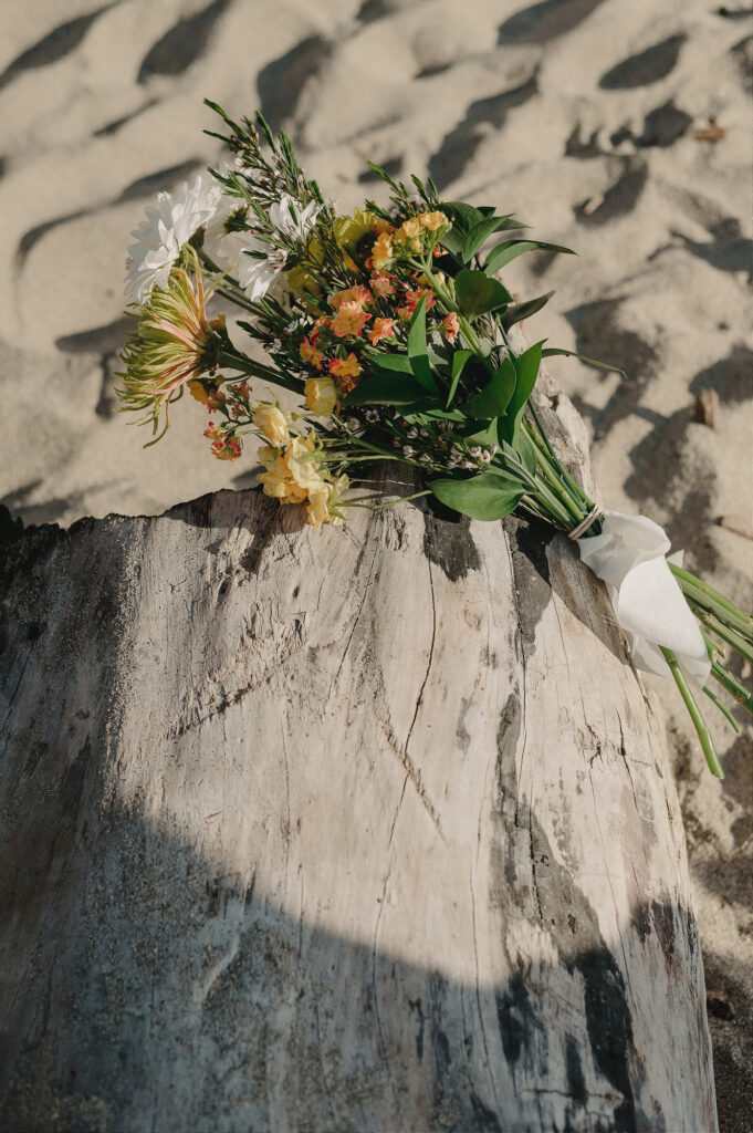 Wildflower elopement bouquet on driftwood log, Sayulita beach, Mexico. Documentary wedding photography.