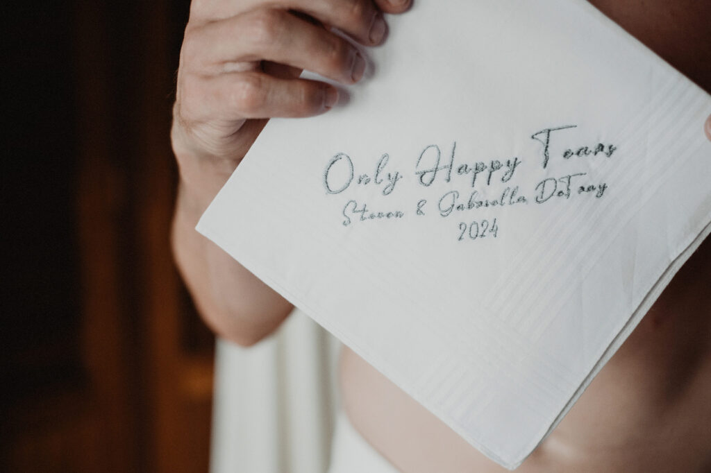 Custom embroidered wedding handkerchief reading Only Happy Tears, Steven and Gabriella DeTray 2024, Sayulita wedding