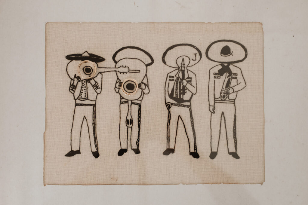 Mariachi band illustration on linen fabric, wedding reception decor at Villa Valentin Sayulita Mexico