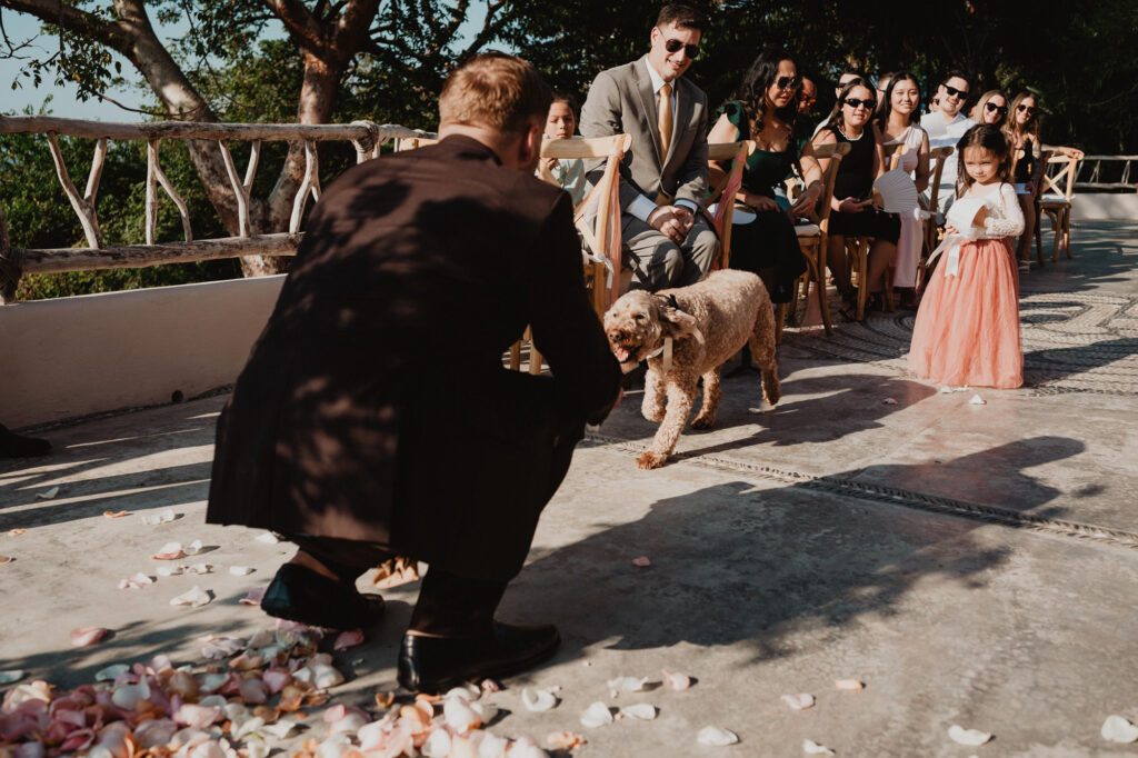 Dog running down the aisle at outdoor wedding ceremony, Villa Valentin Sayulita, flower girl watching