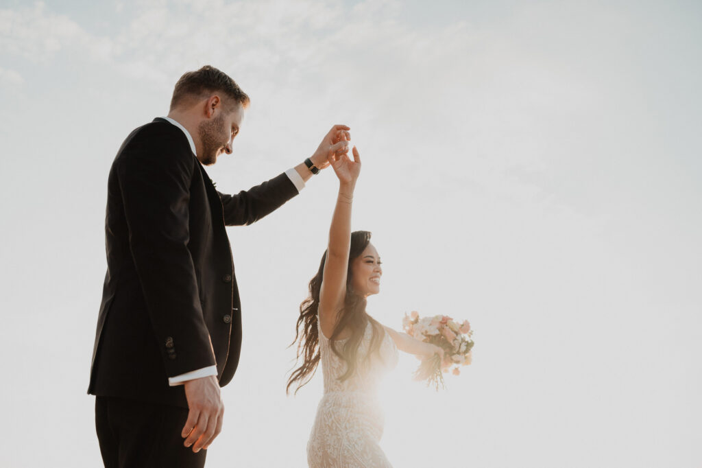 Bride and groom dancing at golden hour, Villa Valentin Sayulita wedding ceremony, documentary photography