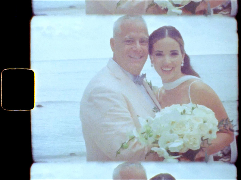 Wedding couple portrait on 35mm film at Blue Venado Paamul, bride with white bouquet, documentary style